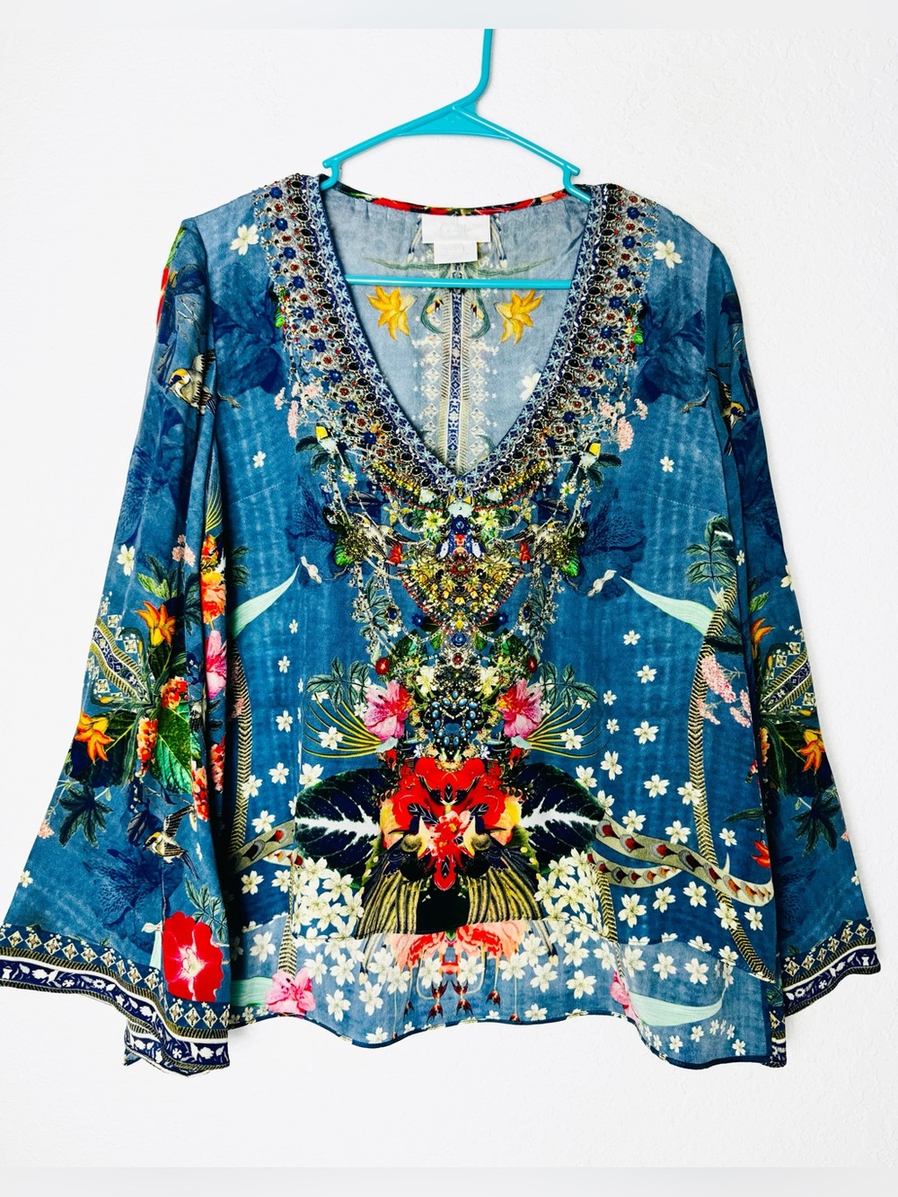 Camilla Women's Blouse Faraway Florals Silk Crepe Flare Sleeves Size Large - Picture 1 of 14